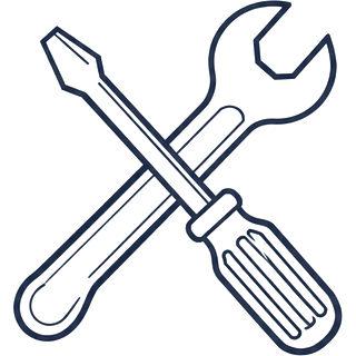 Crossed wrench and screwdriver, line drawing