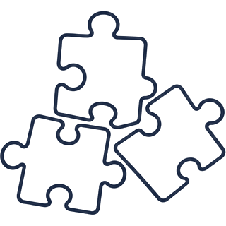 Three jigsaw pieces fitting together, line drawing